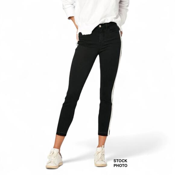 Etienne Marcel Black Jeans Sz 30 Mid Rise Side Stripe Zip Distressed Hem EM1051 - Picture 1 of 14